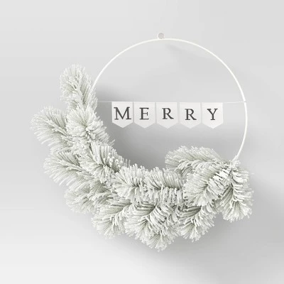 20" Battery Operated Lit Flocked Mixed Greenery On 'Merry' Metal Hoop Artificial Christmas Wreath White - Wondershop™ 4 20" Battery Operated Lit Flocked Mixed Greenery On 'Merry' Metal Hoop Artificial Christmas Wreath White - Wondershop™ - Image 2