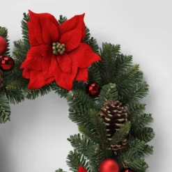 28" Pine And Poinsettia Flower With Ornaments Artificial Christmas Wreath Red - Wondershop™ -Wondershop Sales GUEST 5492aff8 293e 43d0 a550 b5f9f465bf80