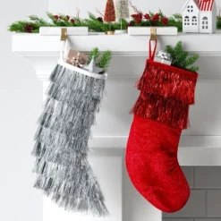20" Christmas Tinsel Collar Stocking Red - Wondershop™