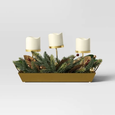 Battery Operated Flameless Pillar Candle And Candle Holder In Gold Tray With Faux Christmas Greenery - Wondershop™ 4 Battery Operated Flameless Pillar Candle And Candle Holder In Gold Tray With Faux Christmas Greenery - Wondershop™ - Image 2