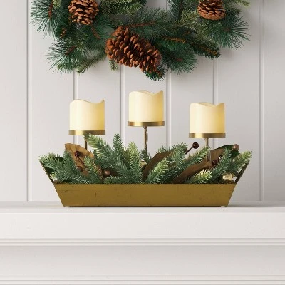 Battery Operated Flameless Pillar Candle And Candle Holder In Gold Tray With Faux Christmas Greenery - Wondershop™ 3 Battery Operated Flameless Pillar Candle And Candle Holder In Gold Tray With Faux Christmas Greenery - Wondershop™