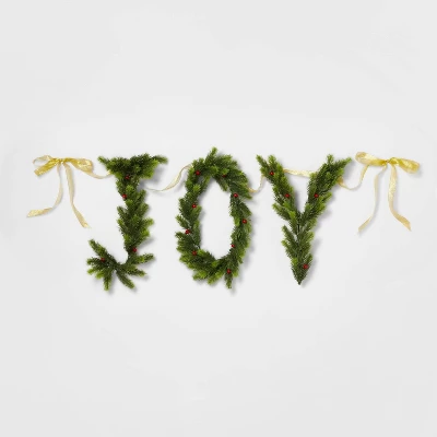 6' Pre-Lit Battery Operated Mixed Greenery 'Joy' Garland With Gold Ribbon - Wondershop™ 5 6' Pre-Lit Battery Operated Mixed Greenery 'Joy' Garland With Gold Ribbon - Wondershop™ - Image 3