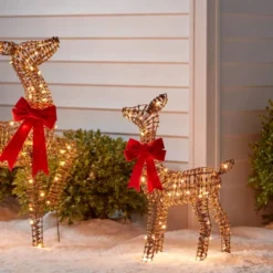LED Faux Rattan Fawn With Red Bow Christmas Novelty Sculpture Light - Wondershop™