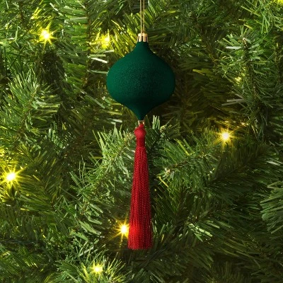 Christmas Onion Shaped Flocked Dark Green Ornament With Tassle - Wondershop™ 3 Christmas Onion Shaped Flocked Dark Green Ornament With Tassle - Wondershop™