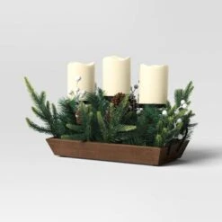 Battery Operated Flameless Pillar Candle And Black Candle Holder In Wood Tray With Faux Christmas Greenery - Wondershop™ -Wondershop Sales GUEST d0b42b71 c387 4991 b229 9f700eeb7eb1