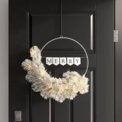 20" Battery Operated Lit Flocked Mixed Greenery On 'Merry' Metal Hoop Artificial Christmas Wreath White - Wondershop™