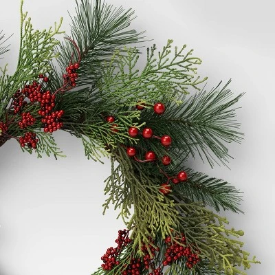 22" Mixed Pine With Red Berries Artificial Christmas Wreath Green - Wondershop™ 4 22" Mixed Pine With Red Berries Artificial Christmas Wreath Green - Wondershop™ - Image 2