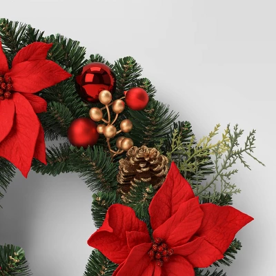 22" Mixed Greenery And Poinsettia Flowers Decorated Artificial Christmas Wreath Green - Wondershop™ 4 22" Mixed Greenery And Poinsettia Flowers Decorated Artificial Christmas Wreath Green - Wondershop™ - Image 2